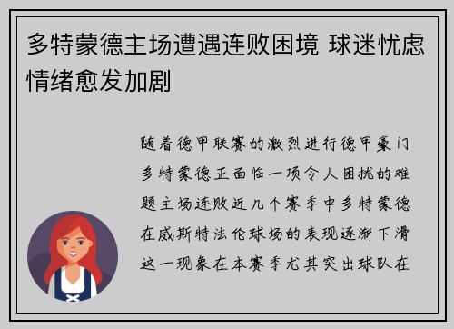 多特蒙德主场遭遇连败困境 球迷忧虑情绪愈发加剧