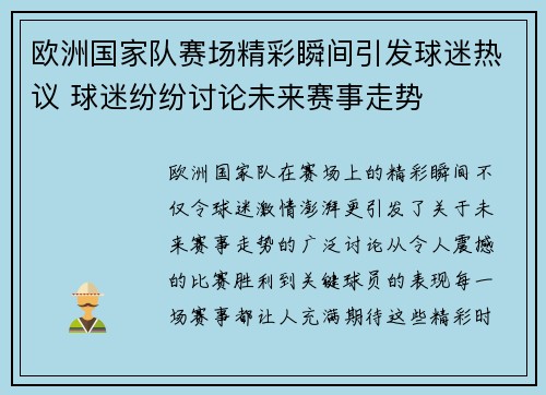 欧洲国家队赛场精彩瞬间引发球迷热议 球迷纷纷讨论未来赛事走势