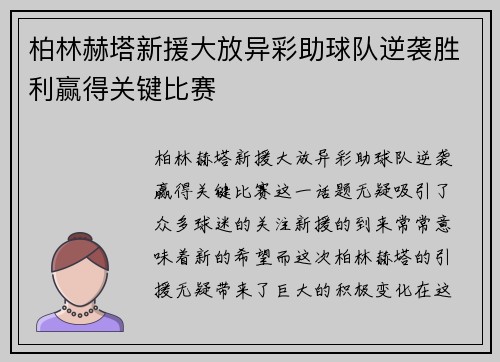 柏林赫塔新援大放异彩助球队逆袭胜利赢得关键比赛