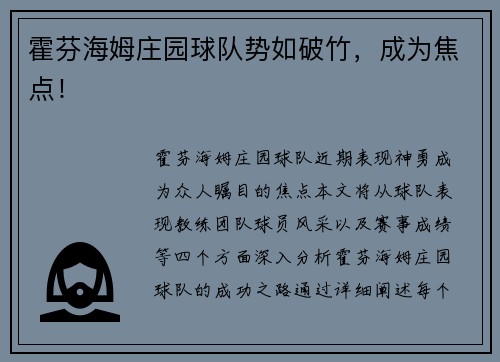 霍芬海姆庄园球队势如破竹，成为焦点！