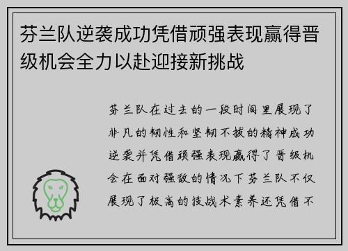 芬兰队逆袭成功凭借顽强表现赢得晋级机会全力以赴迎接新挑战