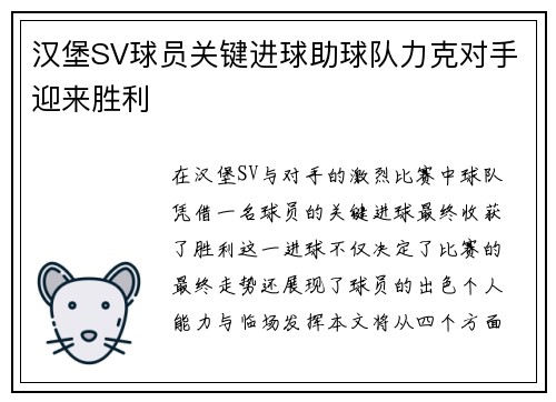 汉堡SV球员关键进球助球队力克对手迎来胜利