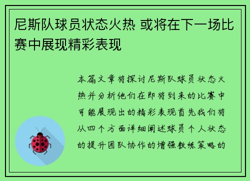 尼斯队球员状态火热 或将在下一场比赛中展现精彩表现