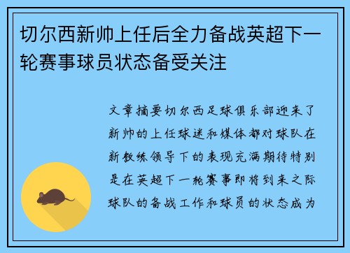 切尔西新帅上任后全力备战英超下一轮赛事球员状态备受关注