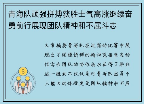 青海队顽强拼搏获胜士气高涨继续奋勇前行展现团队精神和不屈斗志