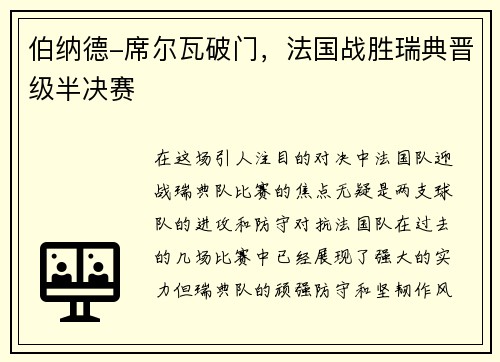 伯纳德-席尔瓦破门，法国战胜瑞典晋级半决赛
