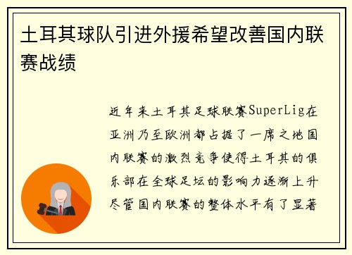 土耳其球队引进外援希望改善国内联赛战绩