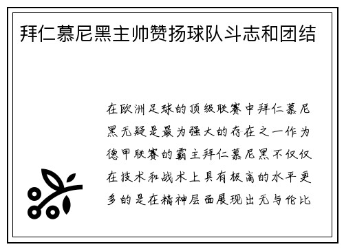 拜仁慕尼黑主帅赞扬球队斗志和团结