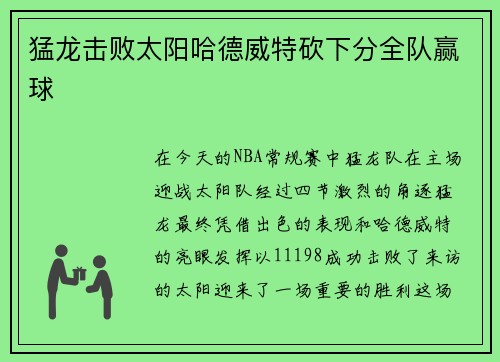 猛龙击败太阳哈德威特砍下分全队赢球