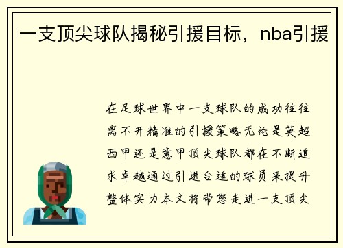 一支顶尖球队揭秘引援目标，nba引援