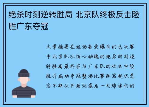 绝杀时刻逆转胜局 北京队终极反击险胜广东夺冠