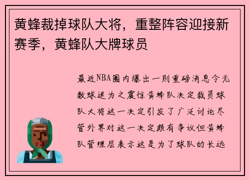黄蜂裁掉球队大将，重整阵容迎接新赛季，黄蜂队大牌球员